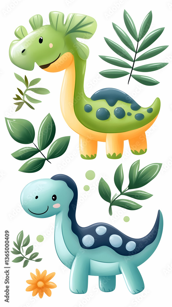 Obraz premium Cute cartoon dinosaurs and tropical leaves