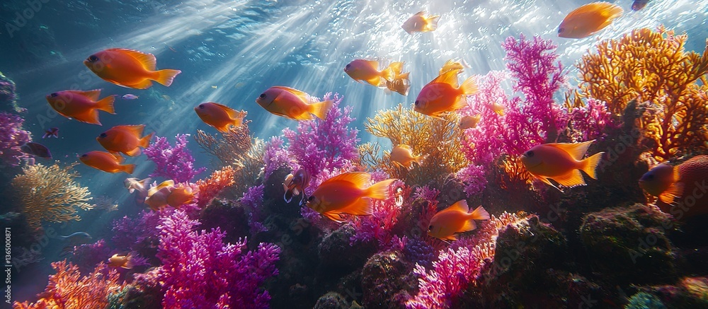 Obraz premium Orange fish swimming among colorful coral reefs underwater in sunlight