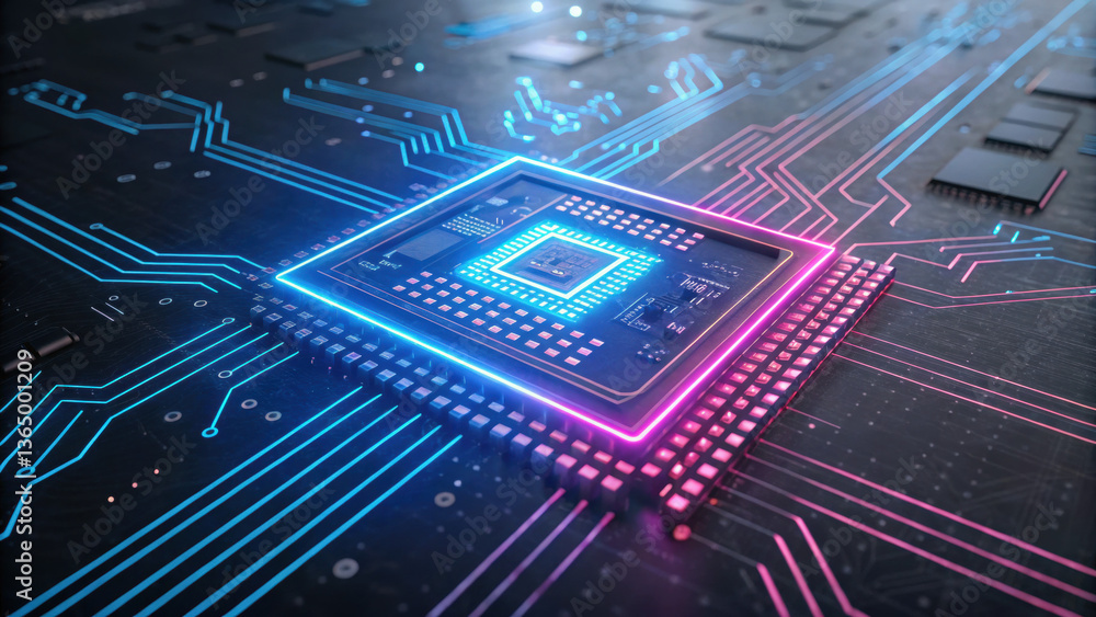Fototapeta premium glowing microchip with neon blue pink circuits on dark circuit board, showcasing futuristic technology