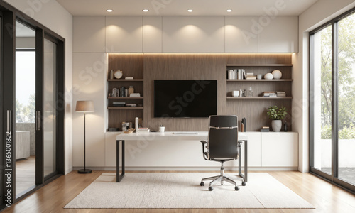 Wallpaper Mural Modern workspace with a minimalist desk, ergonomic chair, and integrated shelving. Soft lighting from a floor lamp and overhead recessed lights provide Torontodigital.ca