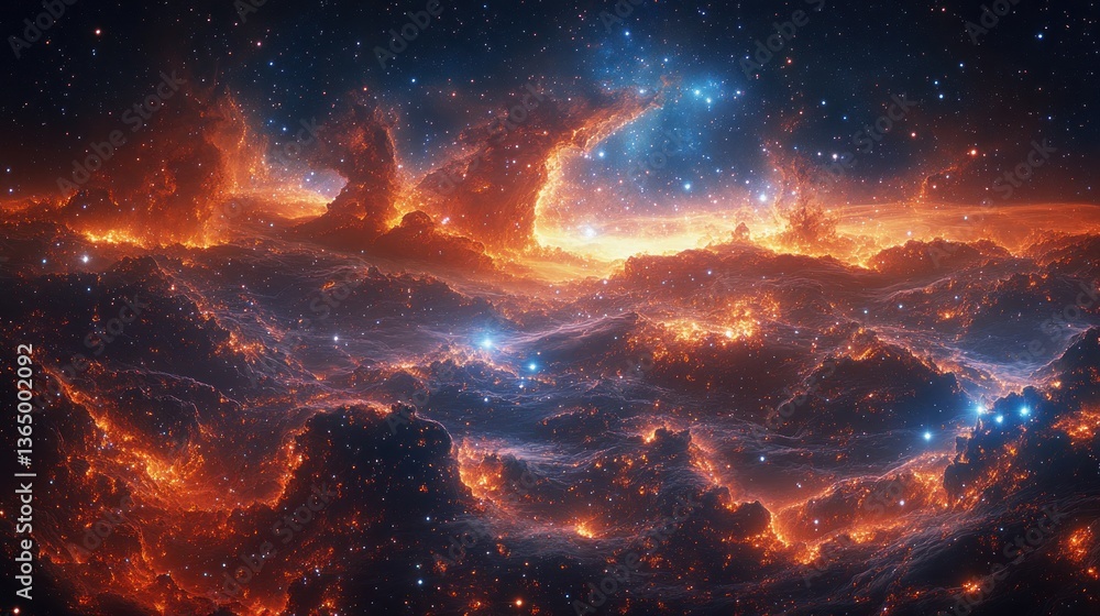 Naklejka premium Fiery cosmic clouds and bright stars illuminate a nebula