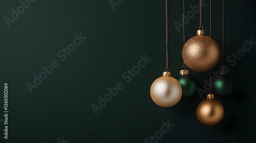 Elegant gold and green Christmas baubles hang against a dark green background, leaving copy space