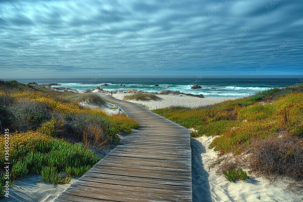 Obraz premium Asilomar Boardwalk along the Dunes. Captivating Seascape of Pacific Grove, CA