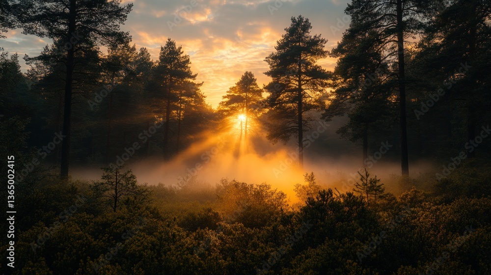 Fototapeta premium Sunrise beams pierce through misty forest, illuminating the landscape with warm golden light