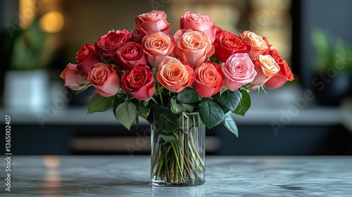 Pink and red roses on a marble countertop create a romantic kitchen atmosphere.