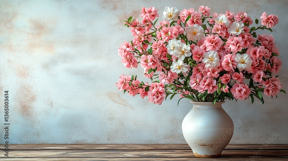Pink and white flowers in a vase on a wooden table against a white wall, a serene atmosphere. Pink and white flowers in a vase on a wooden table against a white wall, a serene atmosphere.