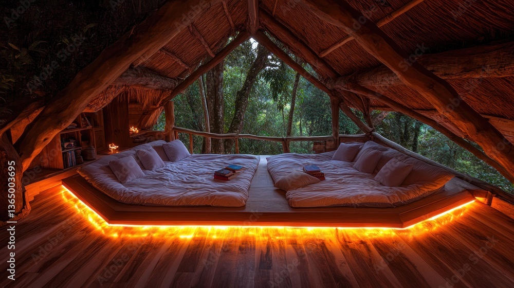 Fototapeta premium Secluded treetop haven with low platform beds illuminated by warm ambient lighting