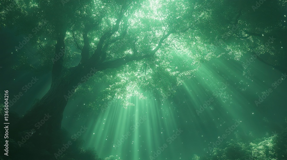 Obraz premium Sunbeams pierce a lush, green forest canopy, illuminating dust motes. Mysterious, magical atmosphere