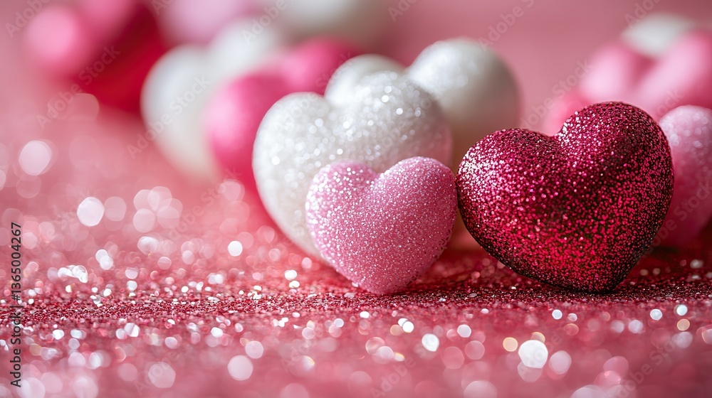 Obraz premium Pink and white hearts float on a glittery pink background, romantic for love celebrations.
