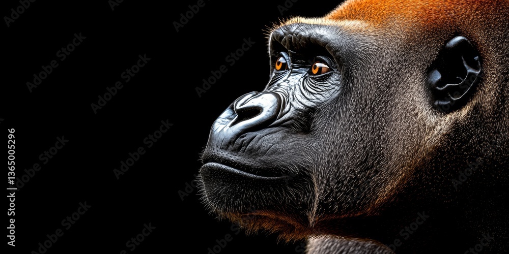 Obraz premium Contemplative Gorilla Portrait on a Black Background Close-Up of a Majestic Silverback