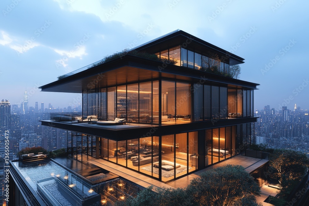 Modern Skyscraper With Glass Walls and Rooftop Garden Stands Tall Against a Vibrant City Skyline During Twilight Hours Modern Skyscraper With Glass Walls and Rooftop Garden Stands Tall Against a Vibrant City Skyline During Twilight Hours