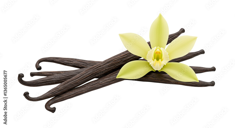 Naklejka premium Vanilla pods and flower arranged beautifully