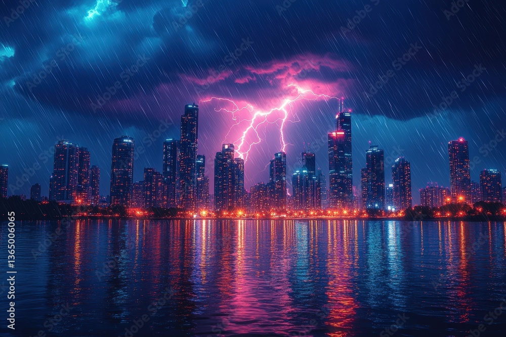Fototapeta premium Stormy Skyline With Dramatic Lightning Illuminating City Buildings During a Rainstorm at Night