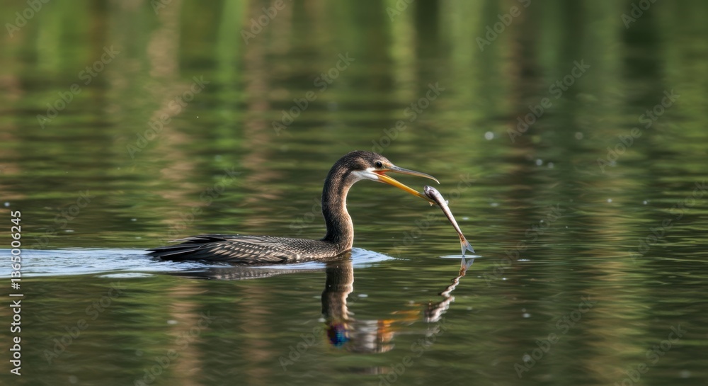 Anhinga Catching Fish in Lake Water Reflection Anhinga Catching Fish in Lake Water Reflection