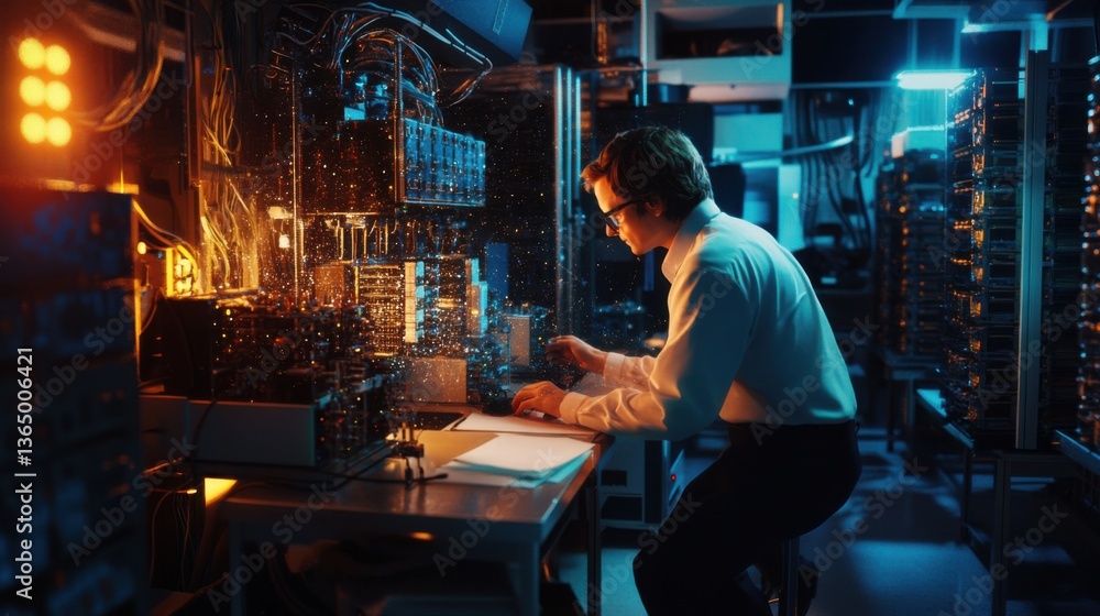 A quantum computing engineer developing quantum machine learning algorithms for optimization, research lab with quantum computers, machine learning models A quantum computing engineer developing quantum machine learning algorithms for optimization, research lab with quantum computers, machine learning models