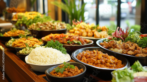 Buffet of Asian cuisine with a wide variety of dishes including stir-fried meats, rice, vegetables, and sauces served in bowls and trays. Delicious food presentation perfect for restaurant promotion, 