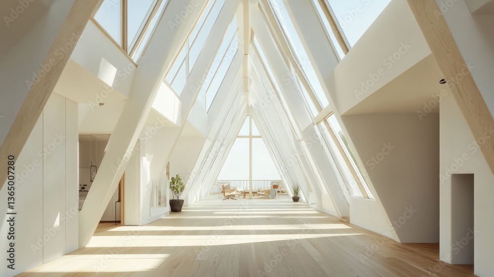 Obraz premium Modern penthouse interior with triangular skylight, bright and airy. Interior design