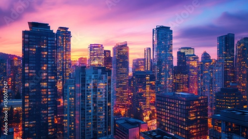 illuminated metropolis skyline at dusk with a vibrant twilight sky reflecting on glass towers creating a stunning urban cityscape scenery