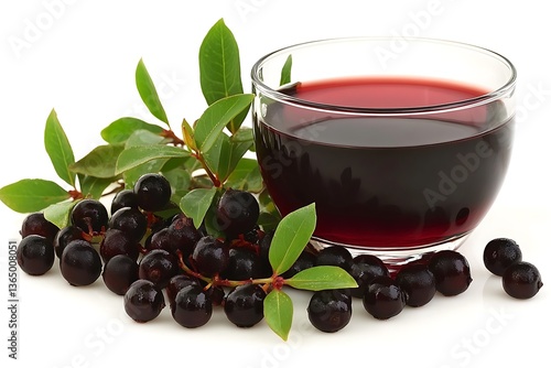 Aronia beverage served in glass cup next to fresh chokeberries arrangement