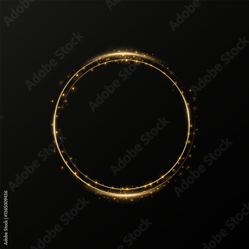 Circle of gold particles. Shining sparkles. Frame. Vector image of a golden sparkling stardust circle.