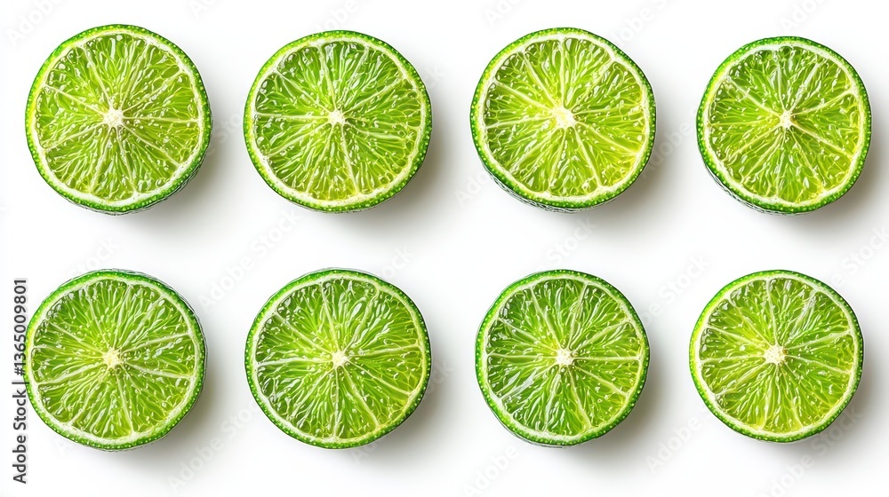 Vibrant lime slices arranged precisely against a pristine white backdrop Vibrant lime slices arranged precisely against a pristine white backdrop