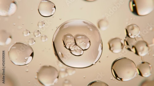 Concept health, motion camera zoom. Science and beauty. 3D Golden Collagen Skin Serum and Vitamin isolated on light brown yellow color background. concept skin care cosmetics solution. 3d render