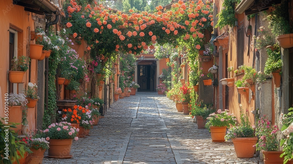 Fototapeta premium Flower-draped alleyway in a quaint town