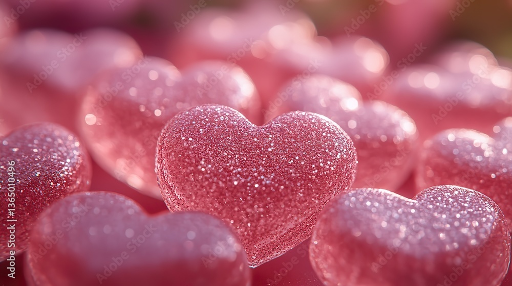 Obraz premium Pink glitter hearts, romantic for love or spring, with blurred red and bokeh.
