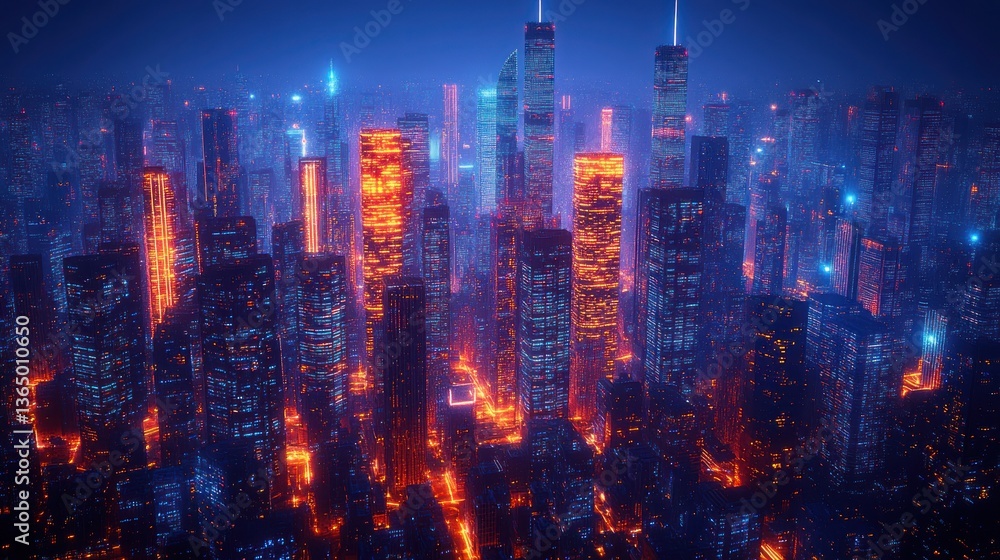 Fototapeta premium Futuristic city skyline at night, glowing buildings, vibrant colors