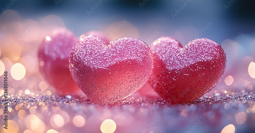 Fototapeta premium Pink hearts cascade on glitter, romantic for love and spring.