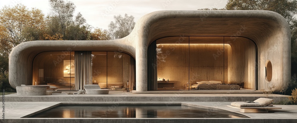 Fototapeta premium Modern, curved concrete house with pool. Warm, minimalist interior visible through large windows