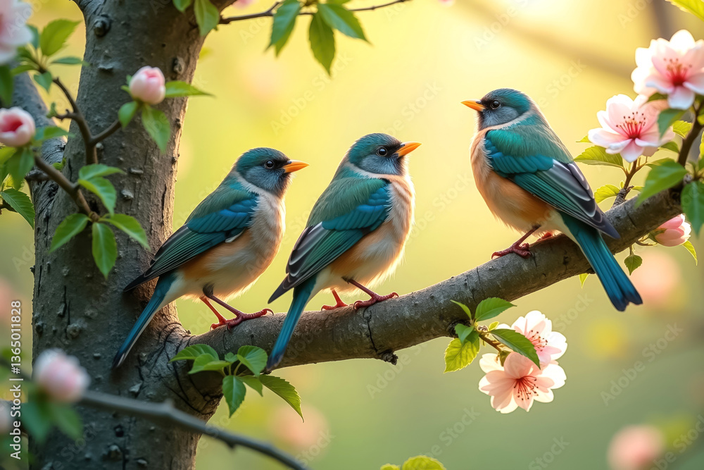 Obraz premium Colorful Birds Singing on a Tree Branch – Vibrant Feathers, Spring Blossoms, and Nature Harmony in Warm Golden Sunlight