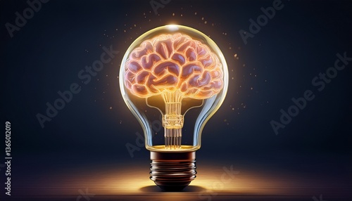 a symbolic representation of great ideas and creativity featuring a glowing brain inside a lightbulb placed against a dark background