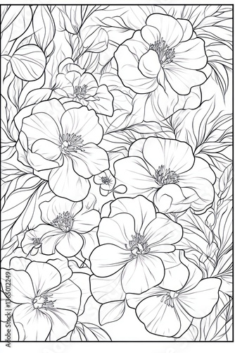 Wallpaper Mural Detailed black and white botanical drawing of blooming flower blossoms Torontodigital.ca