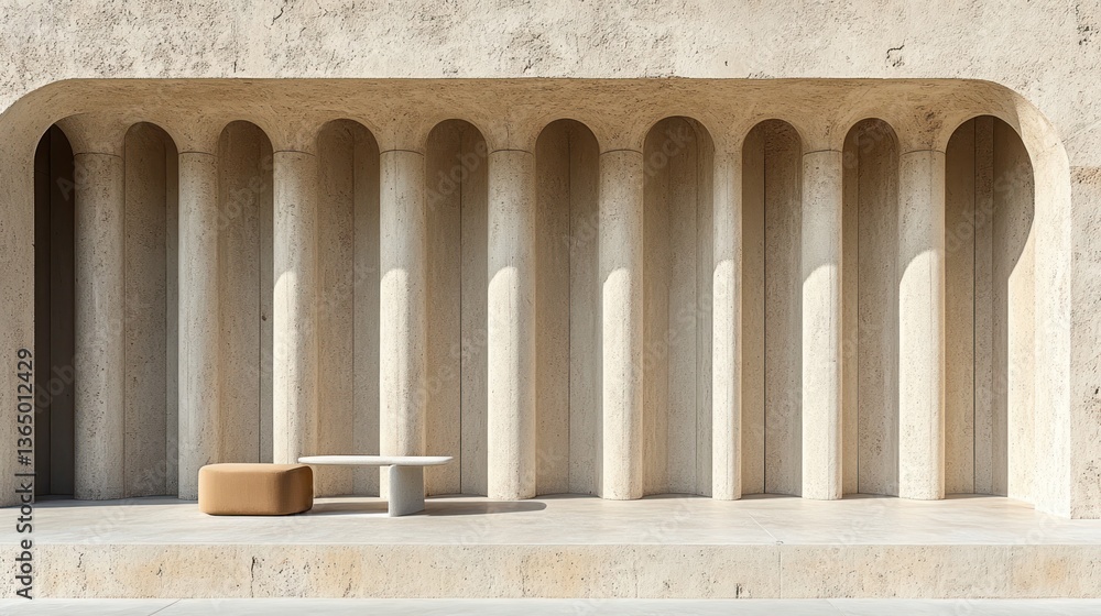 Fototapeta premium Minimalist beige stone columns frame a low bench and table. Sunlight highlights the scene