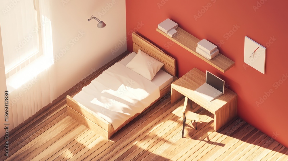 Fototapeta premium Isometric Interior of a Child's Bedroom with Wooden Furniture