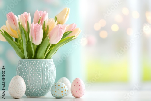 Soft Pastel Tulip Bouquet in Vase with Colorful Easter Eggs and Bokeh Light Spring Holiday Decor