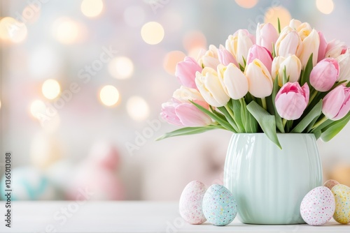 Soft Pastel Tulip Bouquet in Vase with Colorful Easter Eggs and Bokeh Light Spring Holiday Decor