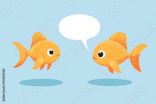 Cute Cartoon Goldfish Talking with Speech Bubble on Blue Background