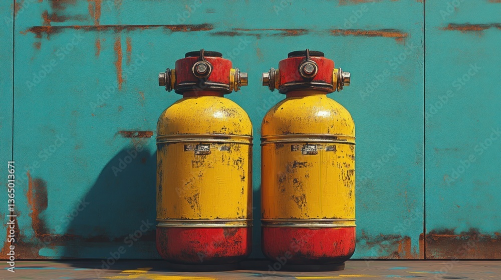 Two weathered yellow and red cylindrical containers against a rustic teal backdrop Two weathered yellow and red cylindrical containers against a rustic teal backdrop