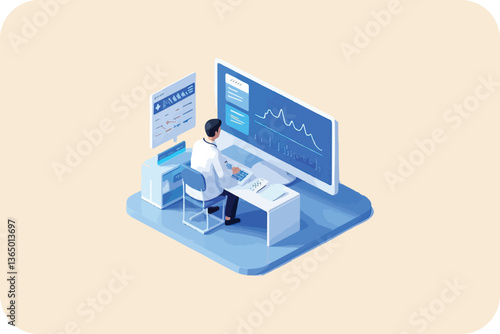 Medical Professional Analyzing Patient Data on Computer: Isometric Vector Illustration of Healthcare Worker at Desk