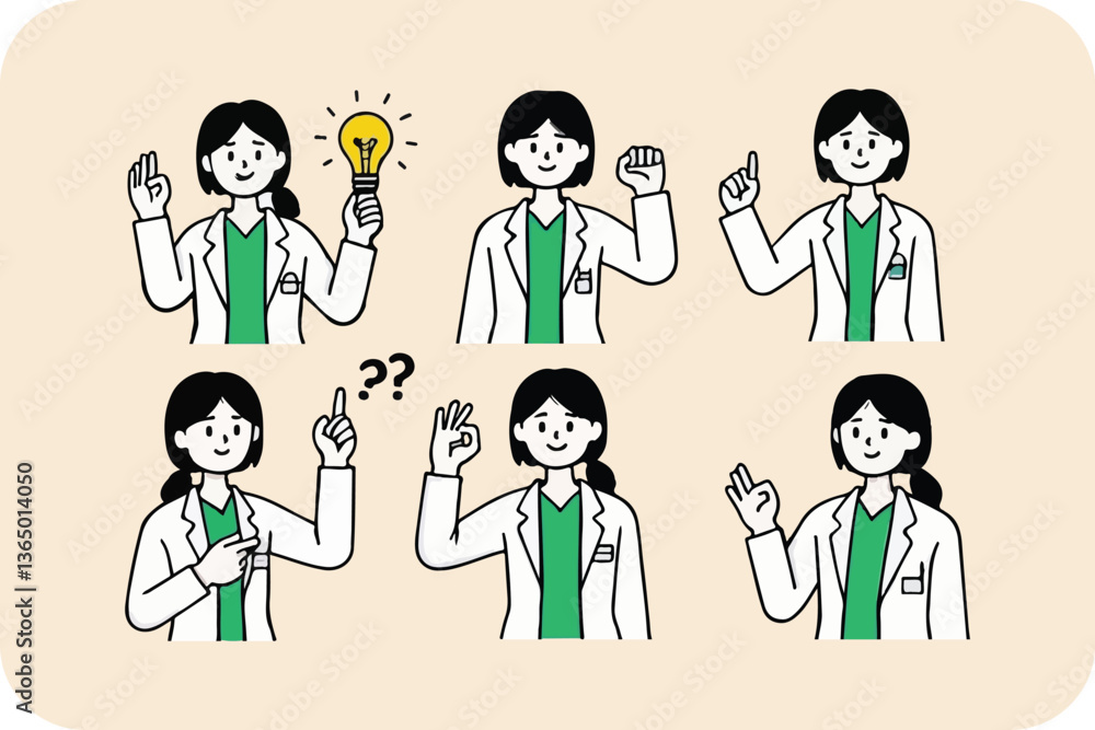 Doctor with Ideas and Solutions: Vector Illustration Set of Woman in Lab Coat Expressing Various Concepts and Gestures Doctor with Ideas and Solutions: Vector Illustration Set of Woman in Lab Coat Expressing Various Concepts and Gestures