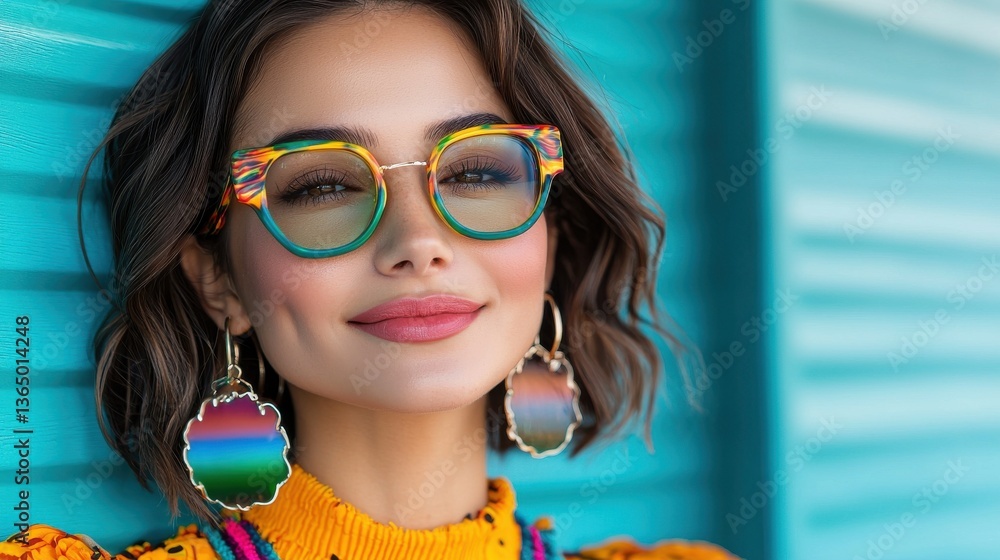 Fototapeta premium Smiling young woman with curly brown hair wearing colorful rounded eyeglasses in a vibrant studio setting Cheerful female model posing confidently with positive emotion and great skin and makeup