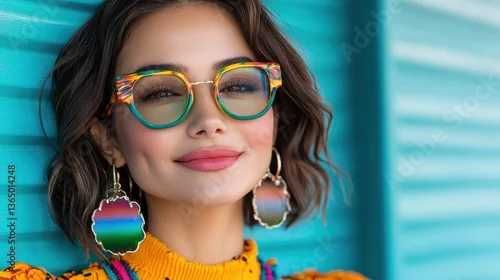 Obraz Smiling young woman with curly brown hair wearing colorful rounded eyeglasses in a vibrant studio setting  Cheerful female model posing confidently with positive emotion and great skin and makeup