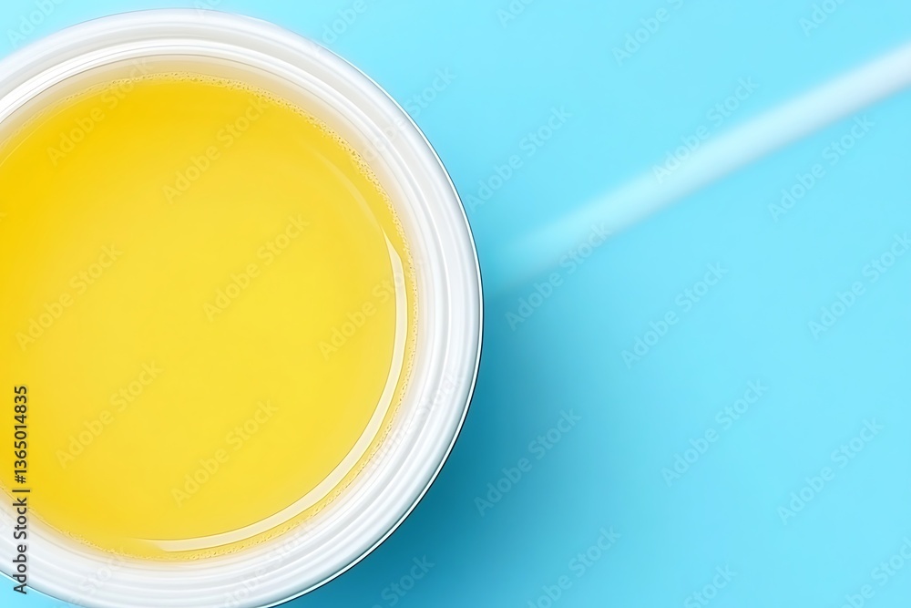 Crisp overhead shot of golden liquid in a container against sky backdrop Crisp overhead shot of golden liquid in a container against sky backdrop