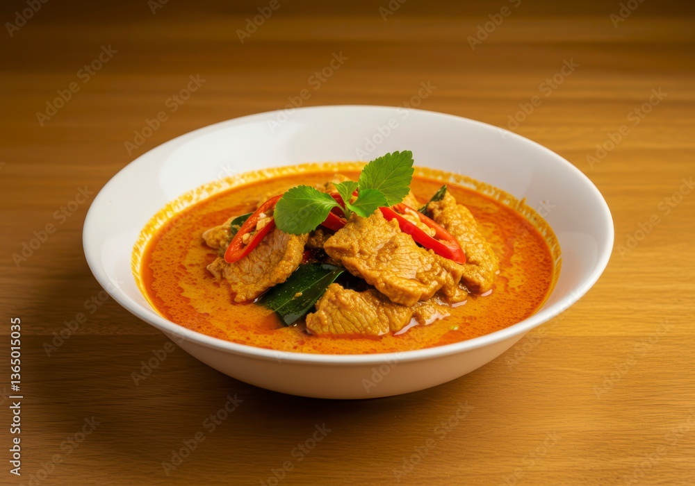Creamy Thai Panang pork curry, rich and flavorful, presented in a white bowl Creamy Thai Panang pork curry, rich and flavorful, presented in a white bowl
