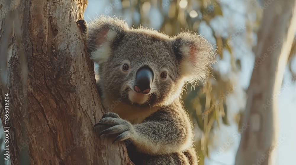 Naklejka premium Charming koala portrait clinging to tree bark with natural background