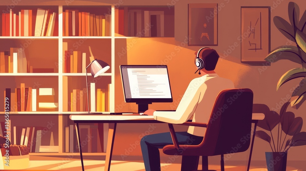 Fototapeta premium A man working from home in his study, wearing a headset for a virtual meeting. 