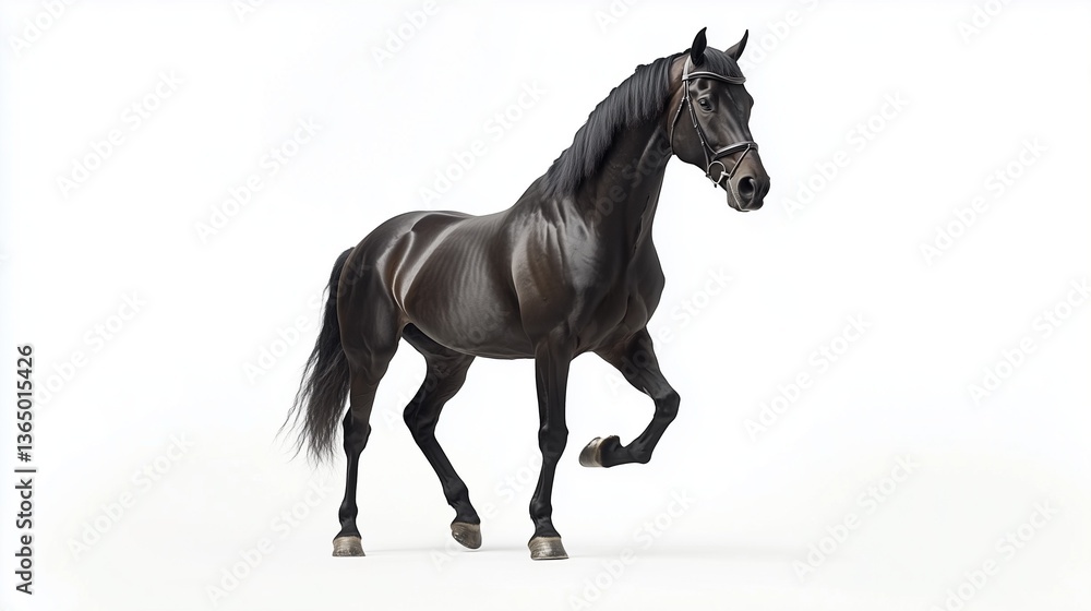 Fototapeta premium Black horse walking forward on white studio background