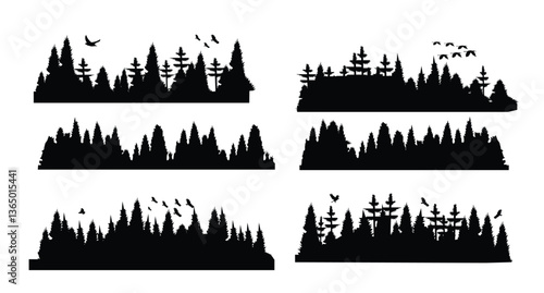 Forest Silhouette Vector Pack – 6 Nature Backgrounds with Flying Birds for Landscapes, Book Covers & Wall Decor – Editable EPS